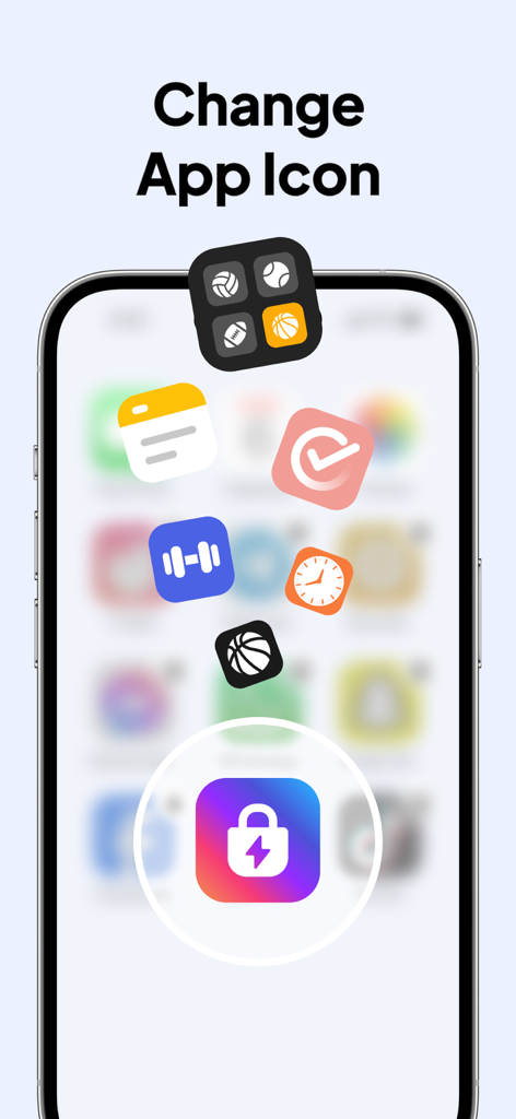 Un écran de smartphone affichant la fonction de changement d'icône d'application de Super App Lock pour une confidentialité accrue.