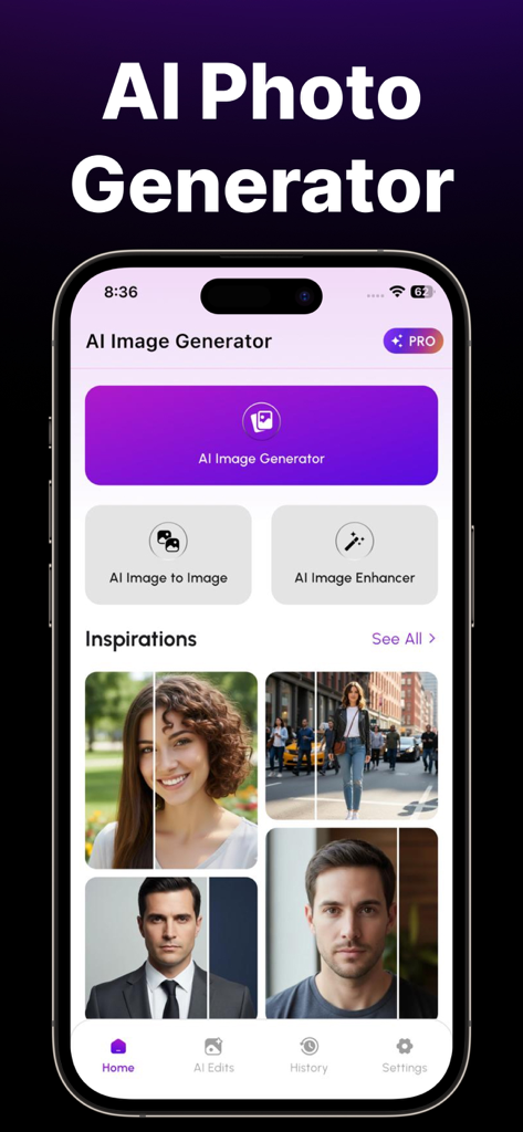 AI Photo Generator - Image AI - AI Photo Generator app dashboard featuring image generation and enhancement tools