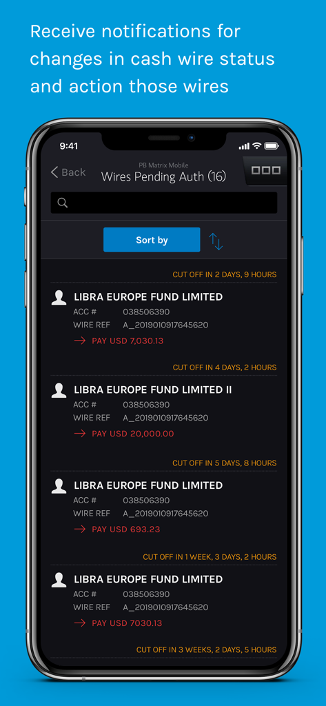 Mobile interface displaying pending cash wire authorizations for institutional fund accounts in the Morgan Stanley Matrix app.
