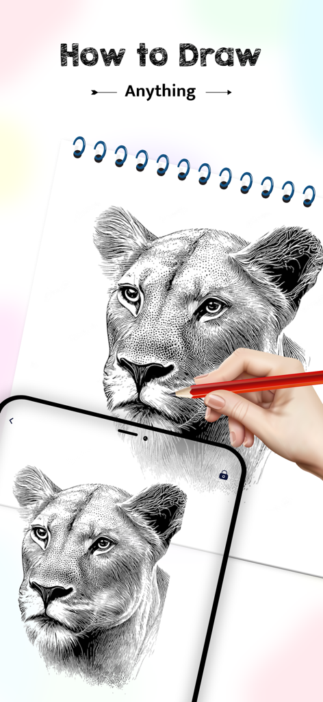 AR Drawing: Sketch with Camera - Una persona usando una aplicación de dibujo AR en su teléfono para trazar un detallado boceto de león en un cuaderno físico.