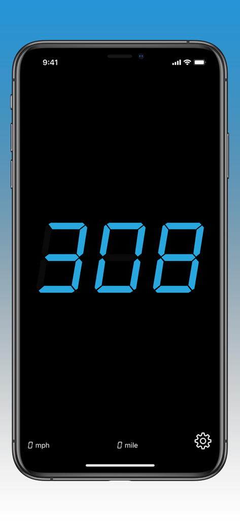 Digital display of the GPS Speedometer COA app showing a speed of 308 on a black background
