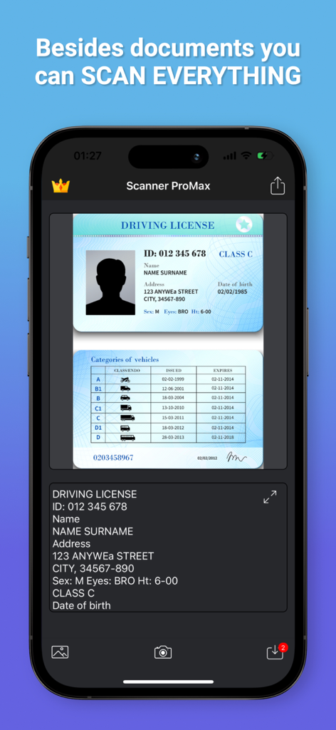 Scanner ProMax : PDF Converter - Scanner ProMax app interface performing OCR on a scanned driving license
