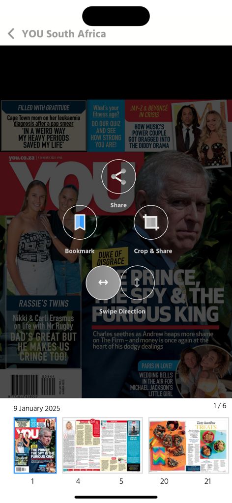 YOU South Africa - Digital interface of the YOU South Africa magazine app showing navigation tools and a magazine cover featuring Prince Andrew.