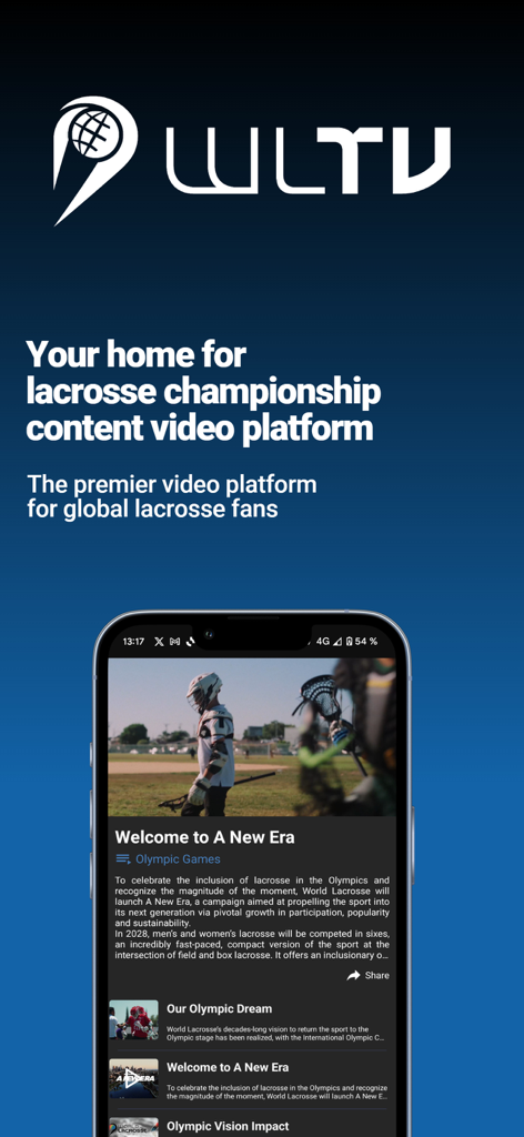 World Lacrosse TV mobile app home screen displaying championship lacrosse video content and Olympic Games news