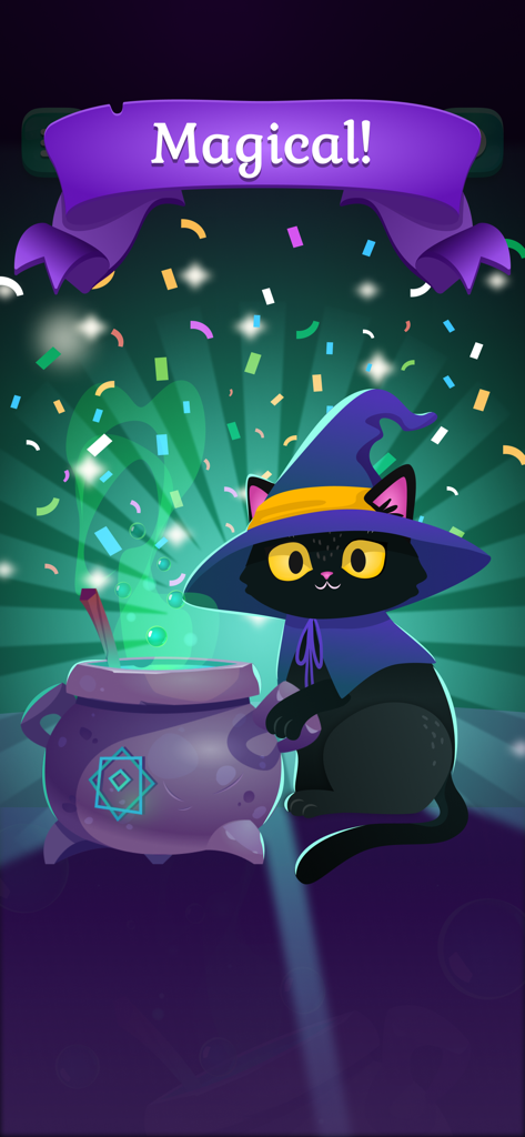 Water Sort Puzzle: Color Match - Un lindo gato negro con un sombrero de mago junto a un caldero burbujeante con un letrero que dice Mágico