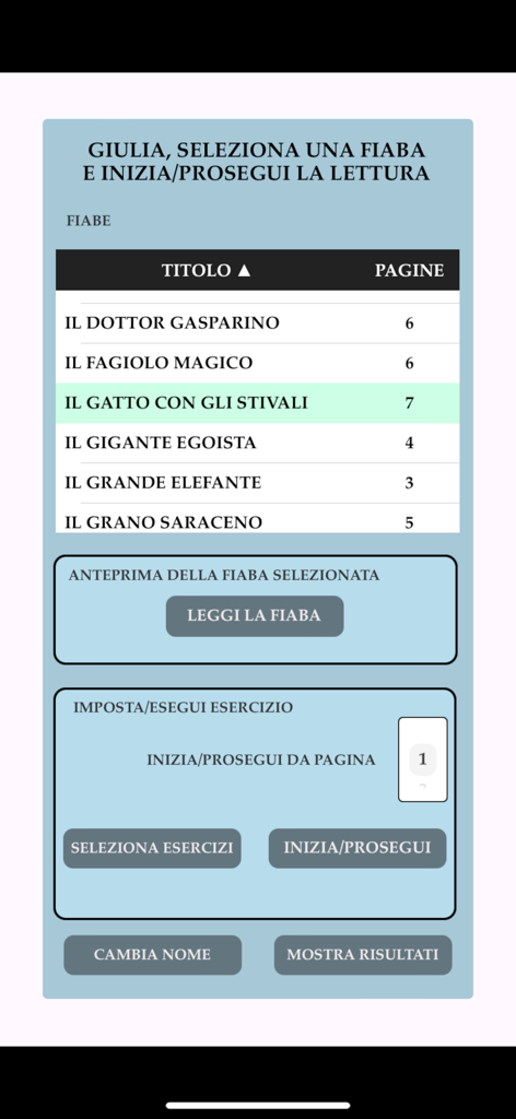 Quante Storie! - Interfaz de usuario de la aplicación Quante Storie mostrando una lista de cuentos de hadas italianos con opciones para seleccionar historias y comenzar ejercicios de gramática