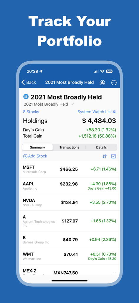 GuruFocus - Uma tela móvel do aplicativo GuruFocus exibindo uma interface de rastreamento de portfólio de ações com ganhos em tempo real e preços de ações