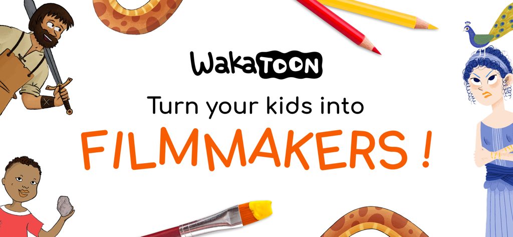 Wakatoon Interactive Cartoons - Wakatoon promotional banner with characters and art supplies encouraging children to become filmmakers.