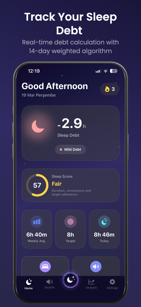 Sleep Debt: Sleep Tracker - Sleep Debt app home screen showing a sleep debt of negative two point nine hours and a fair sleep score of fifty seven