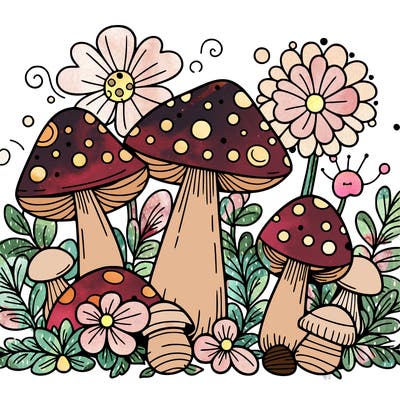 mushrooms and flowers
