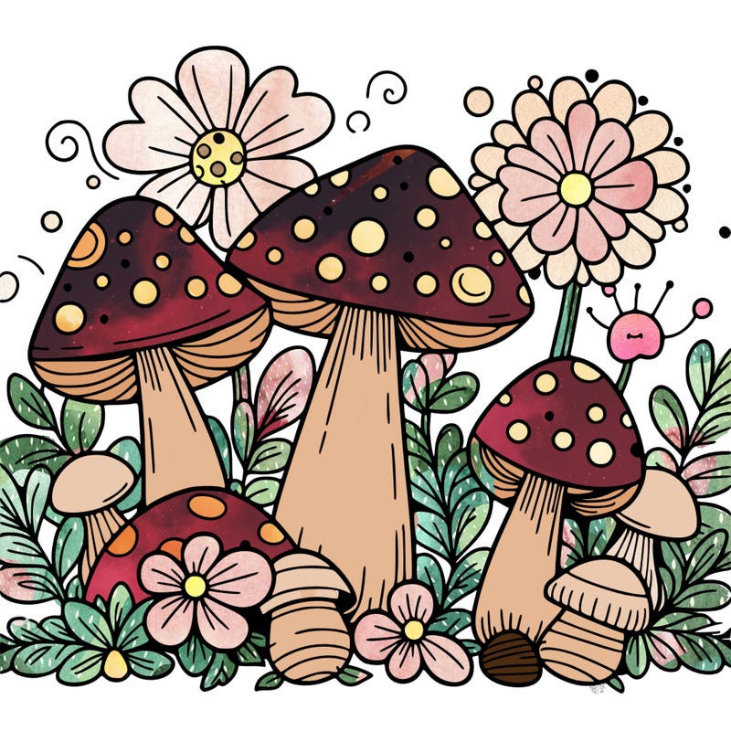 mushrooms and flowers