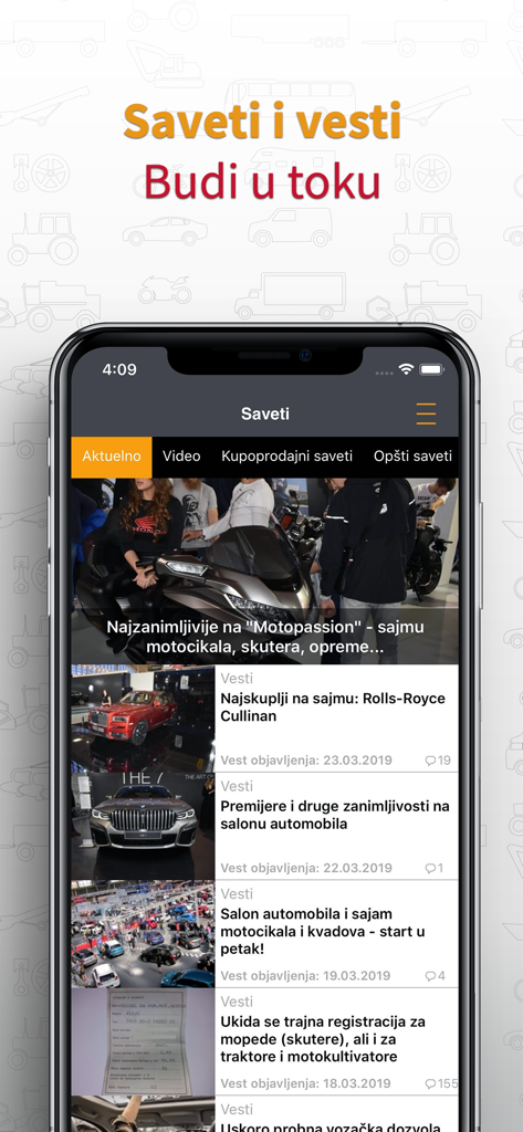 PolovniAutomobili app interface showing automotive news articles and tips