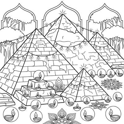 Discover a truly unique coloring experience combining the ancient mystery of pyramids with the joyful celebration of Diwali. This mature design offers large prints and clear outlines, perfect for seniors seeking a relaxing and engaging activity.