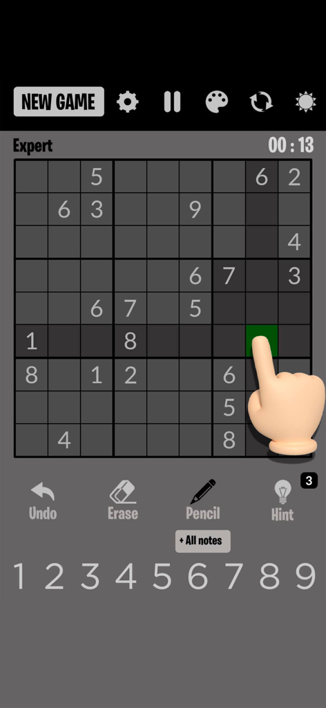 Sudoku Classic 2025 - Sudoku Classic 2025 mobile app screenshot showing an expert level puzzle on a dark theme background with a finger selecting a cell.