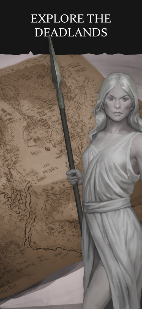 Eldrum: Black Dust - Text RPG - A female warrior holding a spear in front of an ancient map of the Deadlands.
