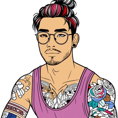 young attractive asian man with a man-bun, glasses, and tattoo's