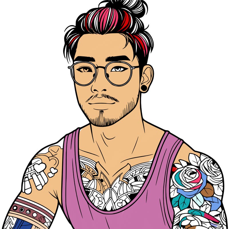 young attractive asian man with a man-bun, glasses, and tattoo's