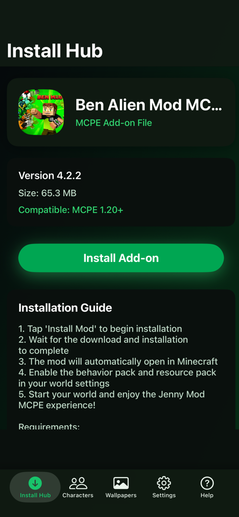Ben Alien Morph for MCPE - Captura de pantalla del centro de instalación del mod Ben Alien Morph para MCPE que muestra información de la versión y una guía paso a paso