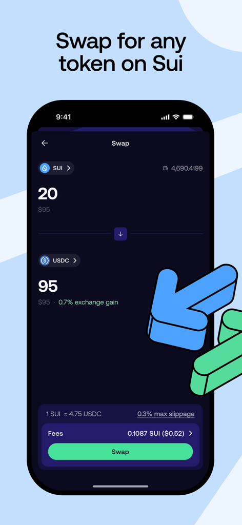 A mobile app screen for the Slush Sui wallet showing a token swap transaction from SUI to USDC.