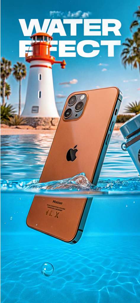 iPhone parcialmente sumergido en agua con texto de Water Eject y fondo de faro