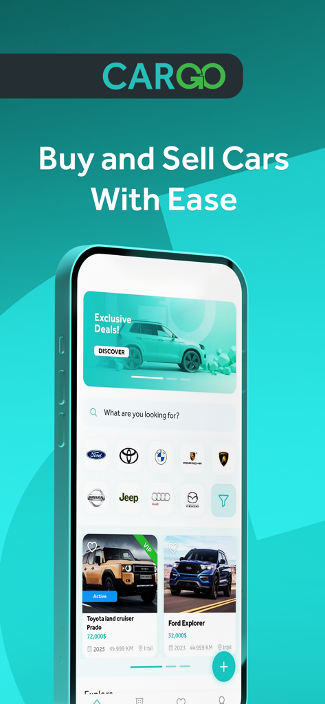 CAR GO: Buy, Sell and Go! - CAR GO mobile app interface showing car listings and brand filters for buying and selling cars
