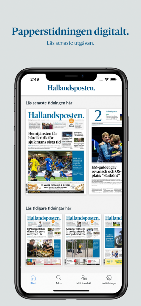 Hallandsposten e-tidning - Interfaz de la aplicación Hallandsposten e-tidning mostrando portadas de periódicos digitales y menú de navegación en un smartphone.