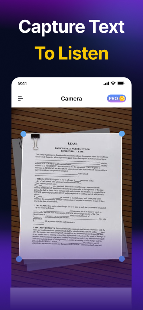 Text to Speech - Audio Books - Smartphone app screen showing a camera scanning a physical rental agreement to convert text into audio