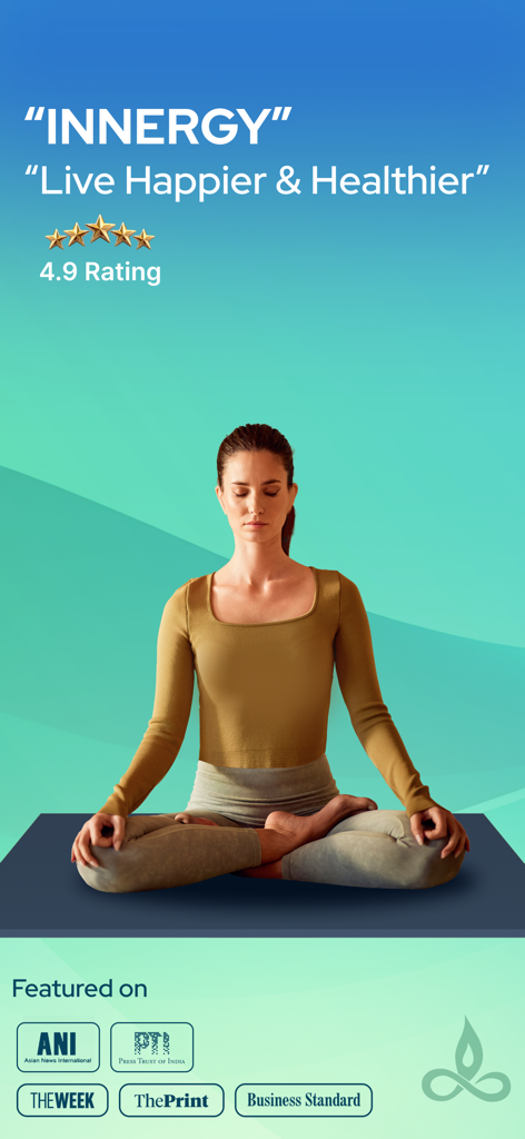 A woman meditating in lotus position on the Innergy app promotional screen showing a 4.9 rating and media features