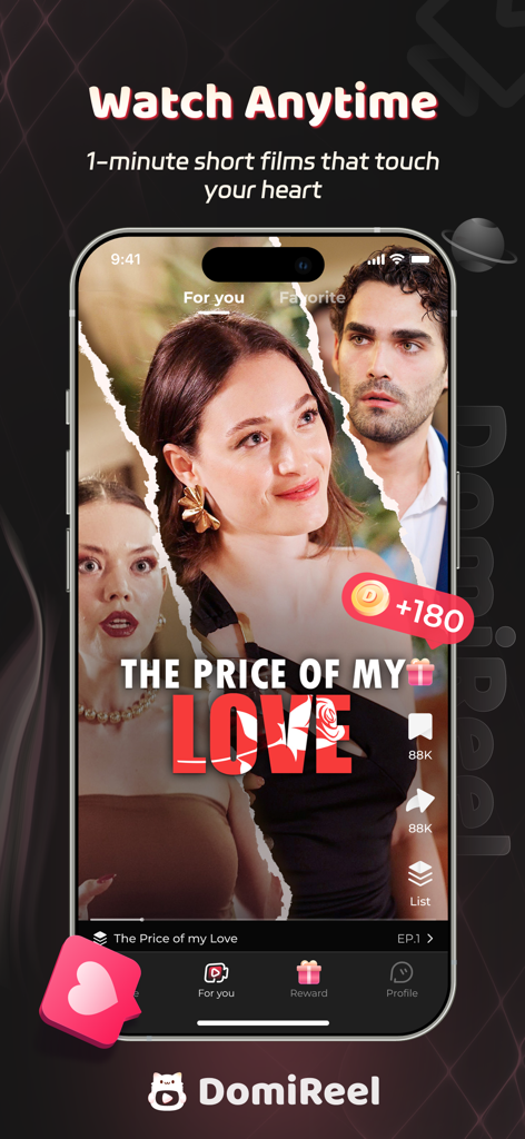 DomiReel-Short Dramas & Movies - DomiReelモバイルアプリのインターフェース。The Price of My Loveというタイトルの1分間の短編映画と、ドラマチックな俳優のキャストを表示しています。