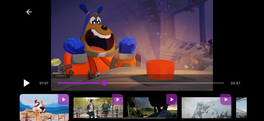 Child friendly video player interface with cartoon playback and video selection thumbnails