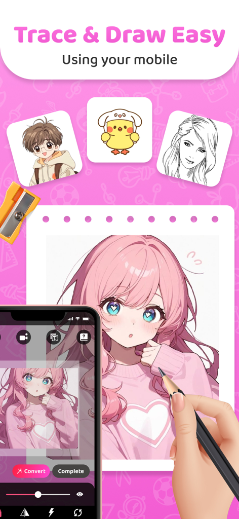 A person using the AR Drawing app to trace and sketch a pink haired anime girl on paper using their smartphone