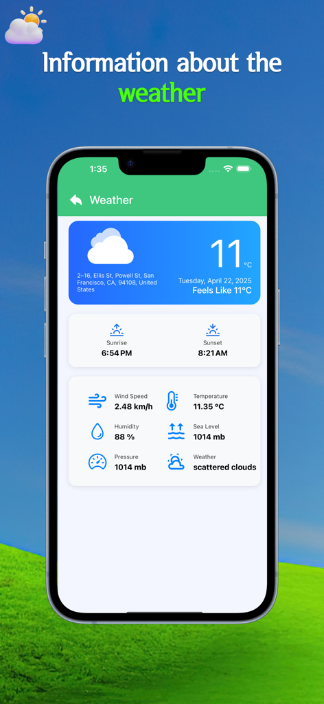 Live Location Tracker - A mobile interface of the Live Location Tracker app displaying detailed weather information including temperature, wind speed, and humidity over a scenic sky and grass background.