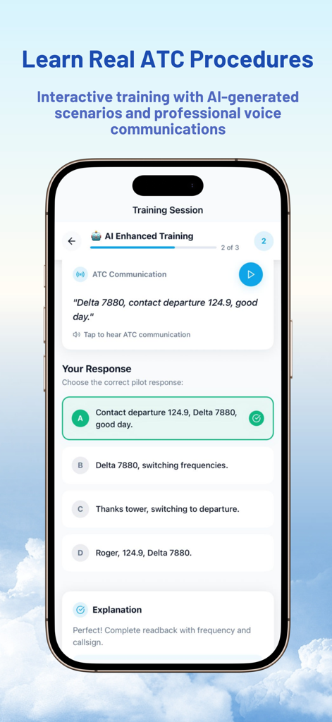 ATC Air Traffic Control - An interactive ATC training session on a smartphone displaying a multiple choice question for pilot communication practice.