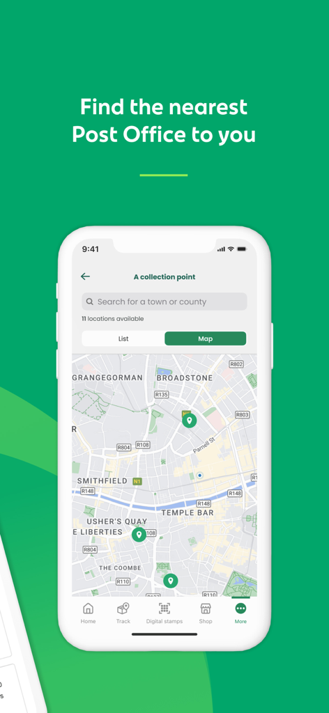 An Post: Track & Manage - An Post mobile app screen showing a map of Dublin with green pins indicating local post office and collection point locations.