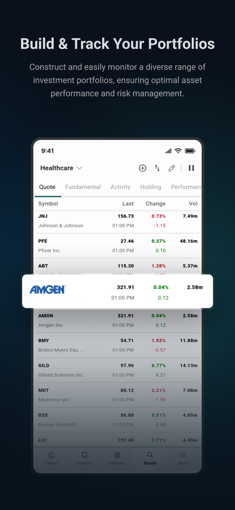 TMX PowerStream Mobile - TMX PowerStream Mobile app portfolio tracking screen showing healthcare stocks