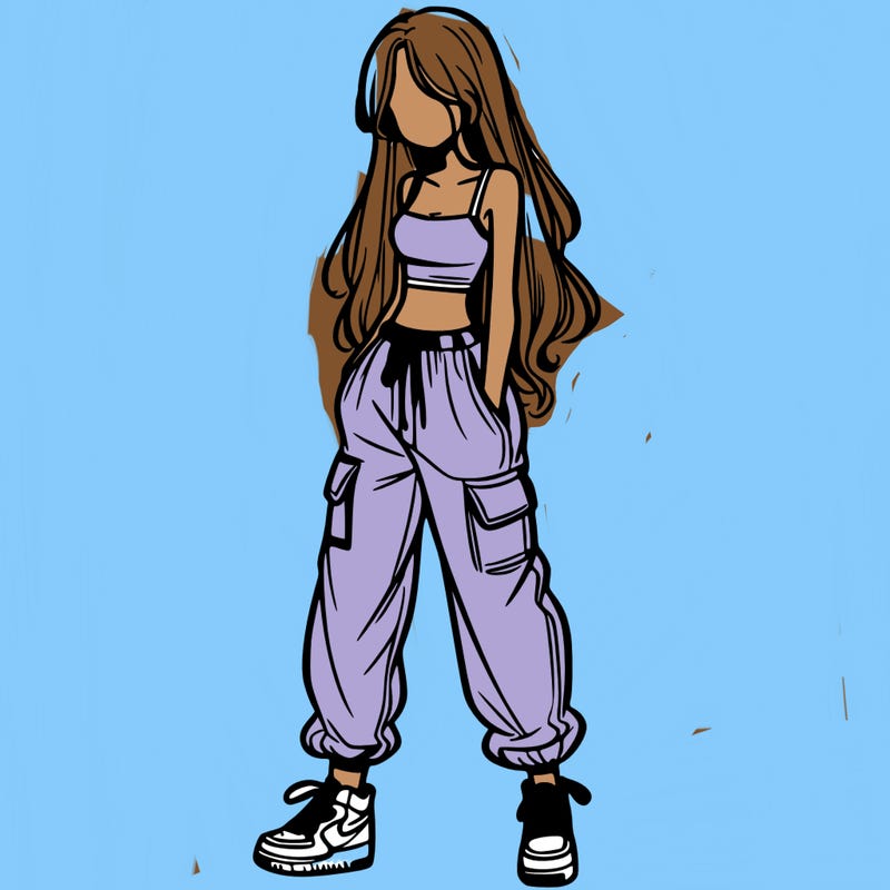 girl in baggy pants crop top and long hair