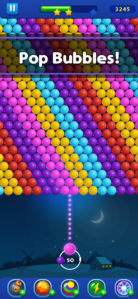 Bubble Pop Game! Ball Shooter - Pantalla de juego clásica de shooter de burbujas mostrando burbujas de colores y una línea de trayectoria para reventarlas