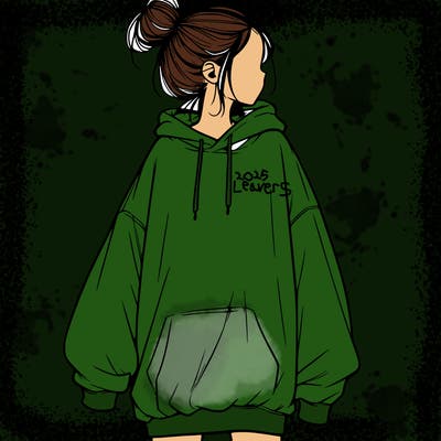 realistic girl with a oversized sweatshirt on and a bun