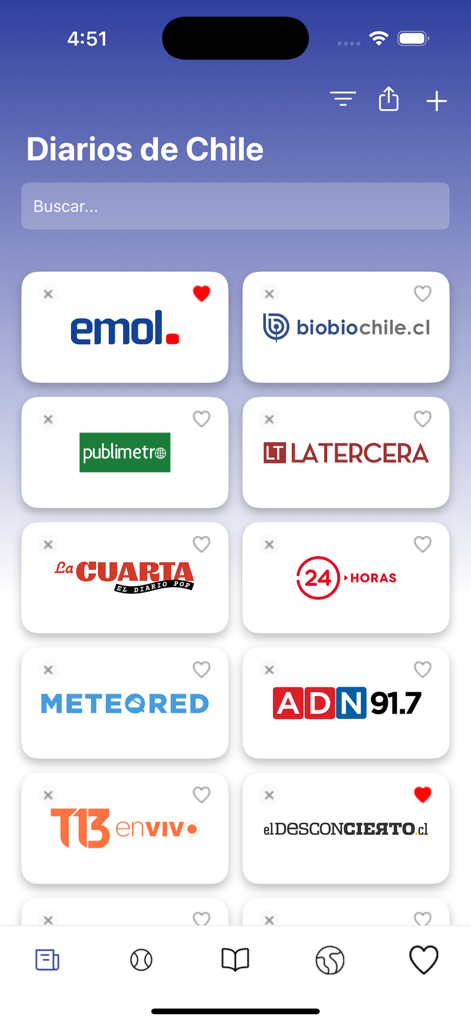 Diarios de Chile - A mobile interface for Diarios de Chile showing a grid of Chilean news sources including Emol BioBioChile and La Tercera with a search bar and navigation icons