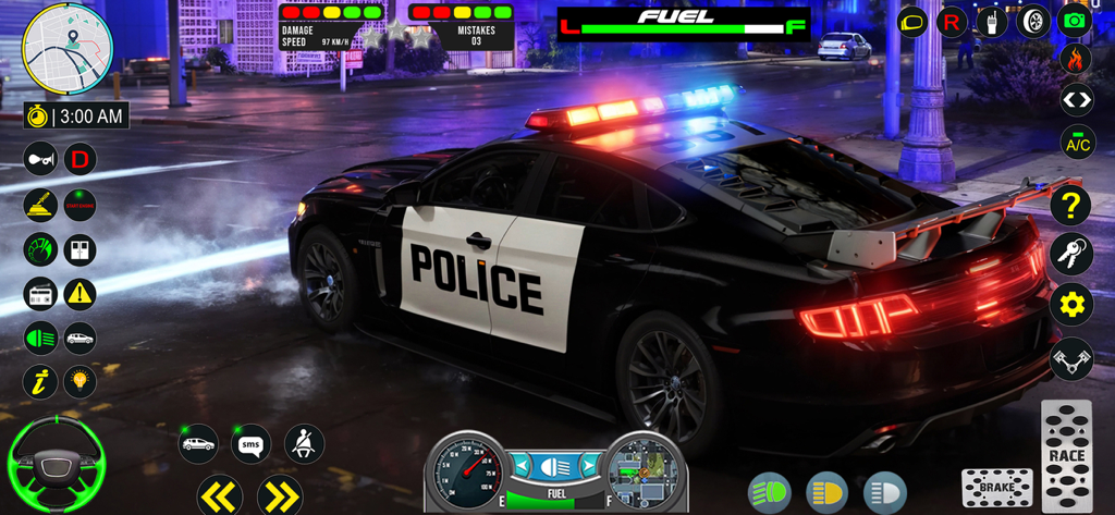 Cop Car Chase Police Simulator - A black and white police car with flashing emergency lights driving through a city at night in a mobile simulation game.