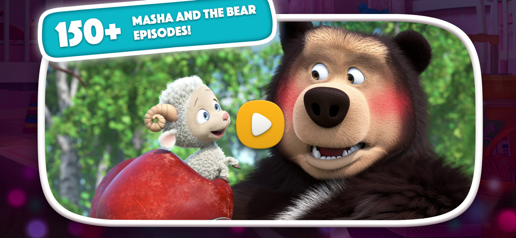 Masha and the Bear AI for Kids - Urso e um pequeno personagem de ovelha do desenho animado Masha e o Urso destacando mais de 150 episódios disponíveis no aplicativo