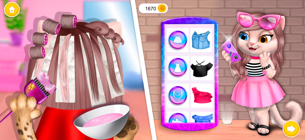 Amy's Animal Hair Salon - Jugabilidad que muestra a un gato recibiendo reflejos de pelo rosa y un menú de cambio de imagen de moda