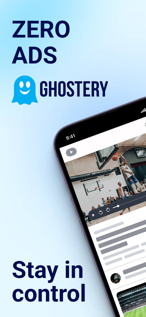 Interfaz de la aplicación Ghostery en un iPhone mostrando un mensaje de cero anuncios y una experiencia de navegación de video limpia