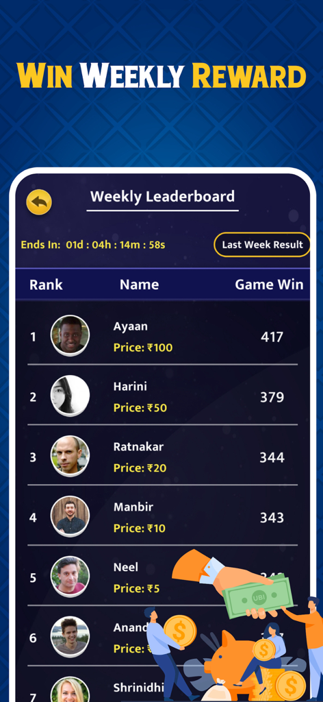 Ludo - 2 Player Games - Weekly leaderboard screen in the Ludo app showing top ranked players and their cash rewards