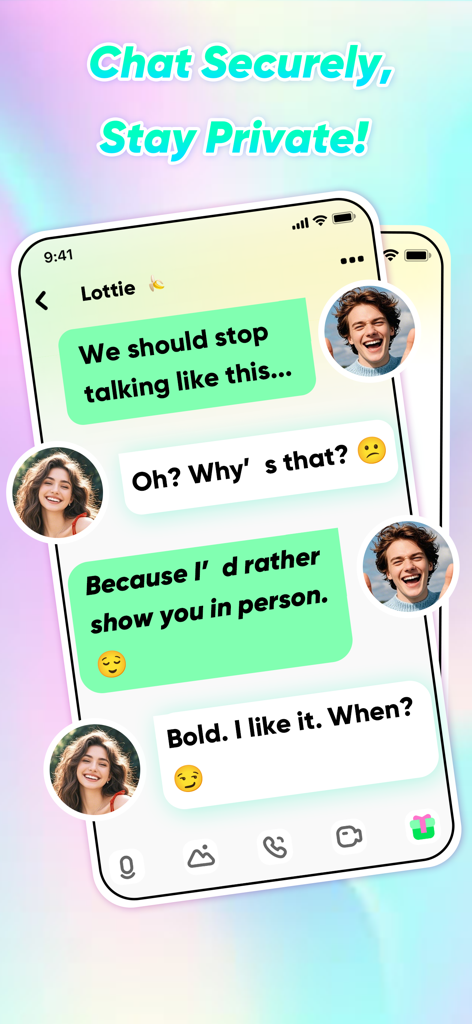 Secure and private chat interface on the SOYOU mobile app showing a conversation between two users.