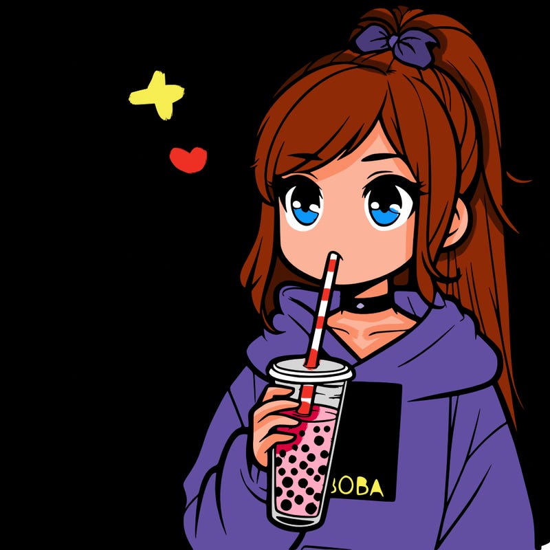 girl with a high ponytail and a hoodie drinking boba staring at a sign saying 10 likes please