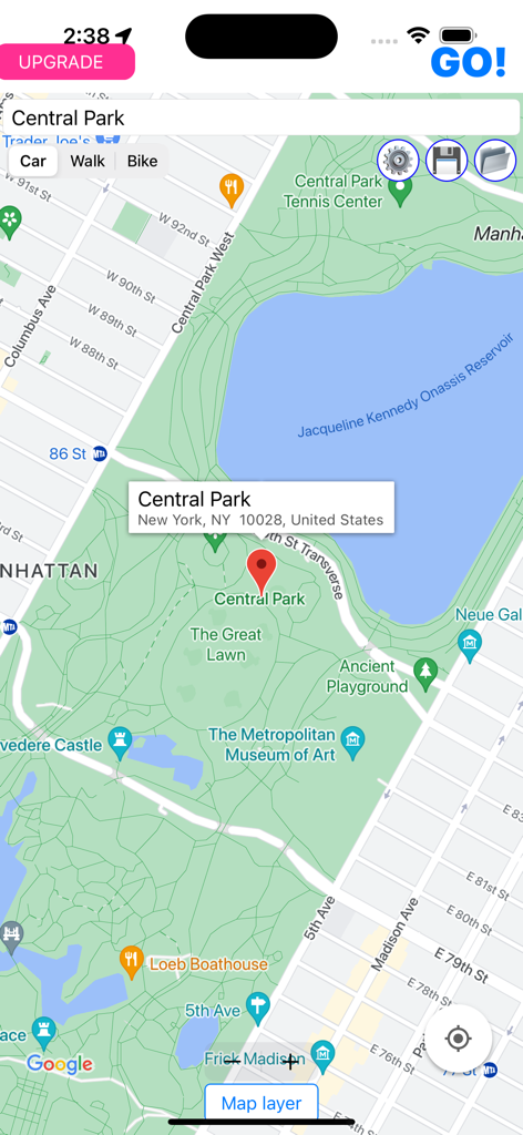 r.485 - Navigation and more! - The map interface of r.485 navigation app showing Central Park with route options for car walking and biking