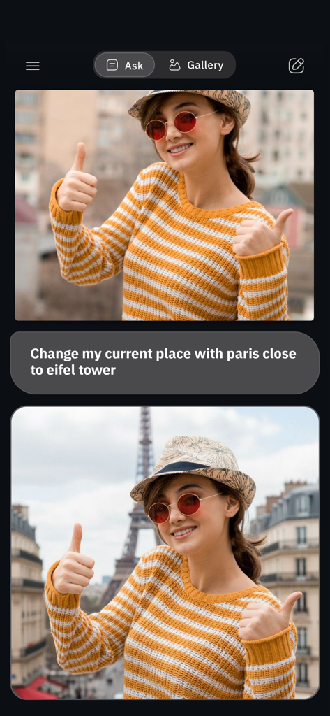 Gimin - AI Photo Editor - AI photo editor interface showing a background swap to the Eiffel Tower using a text prompt