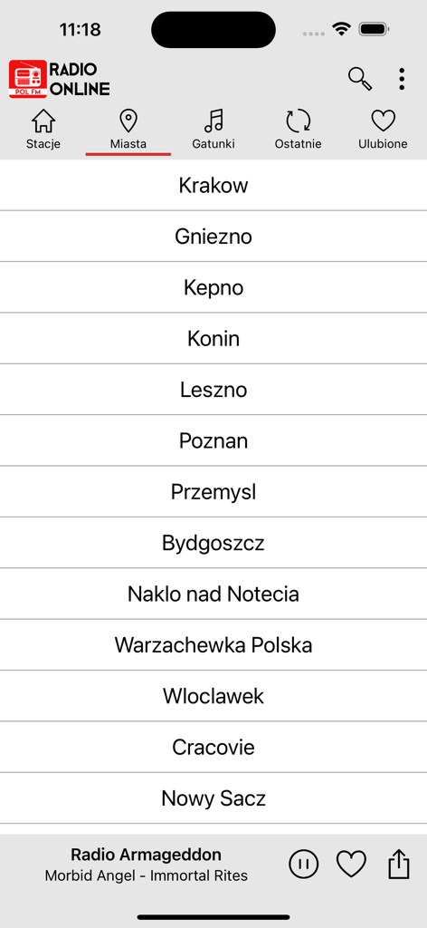 Radio Internetowe - Lista de cidades polacas na aplicação Rádio por Internet para selecionar estações de rádio regionais