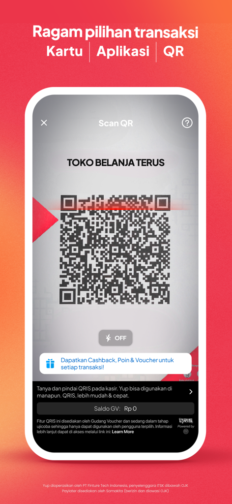 YUP - Kredit Belanja Bunga 0%* - Mobile app interface showing a QR code scanner for making payments with YUP credit.